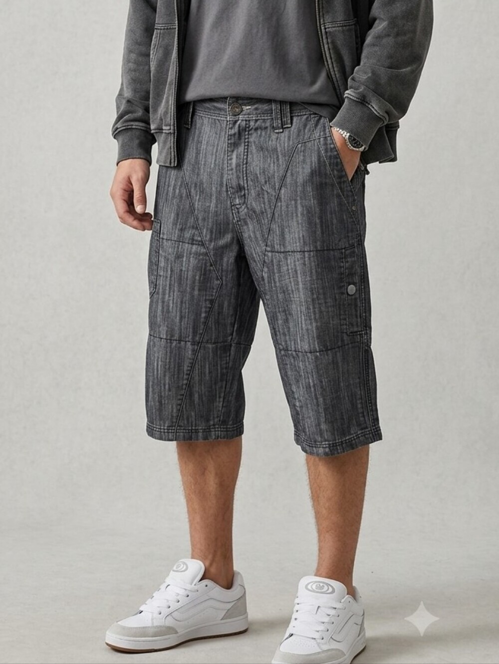 *Flawed* 2DIEFOR Vintage Y2K Men's Washed Gray Jorts - Long Jean Shorts Baggy 36
